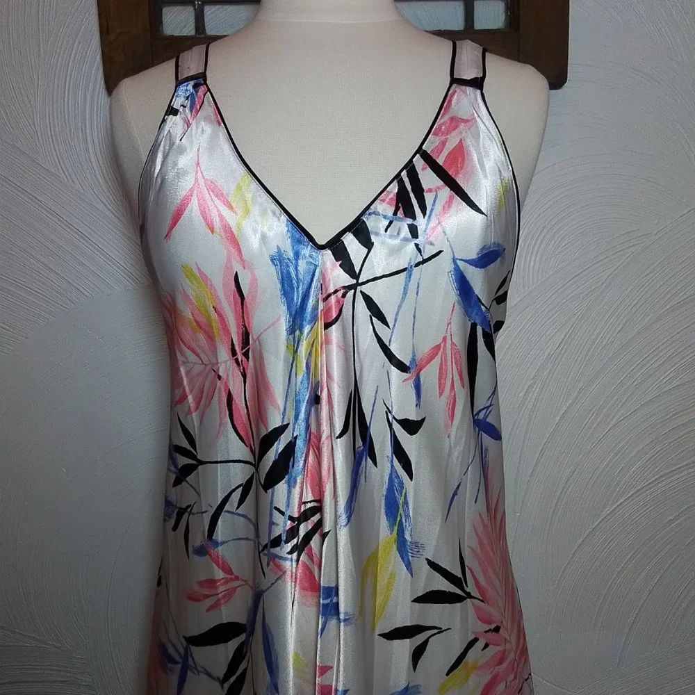 Oscar de la Renta Satin Nightgown Tropical Floral Full Maxi Length Size M - Picture 2 of 4
